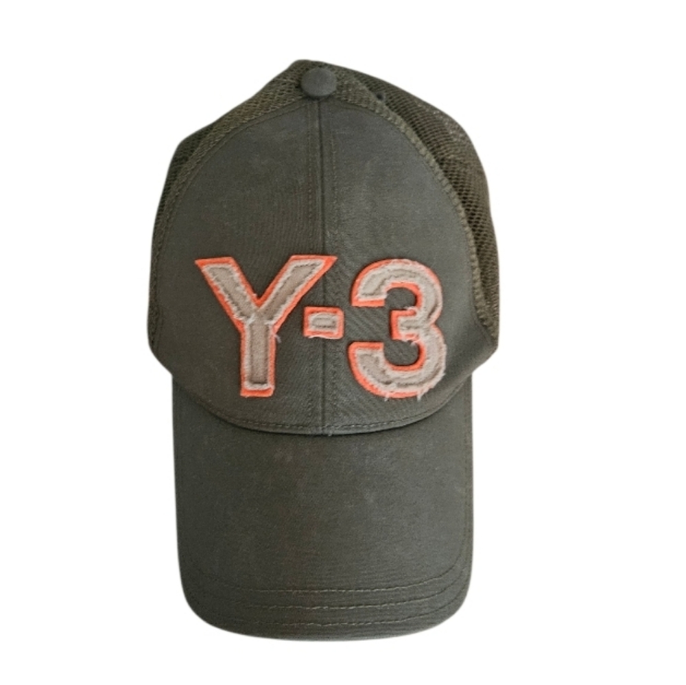 Y-3 Yohji Yamamoto Green Baseball Hat  Cap with Vibrant Orange Logo